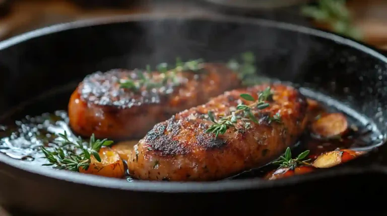 A sizzling chicken sausage in a cast-iron skillet with fresh herbs, steam rising, and a rustic kitchen background.