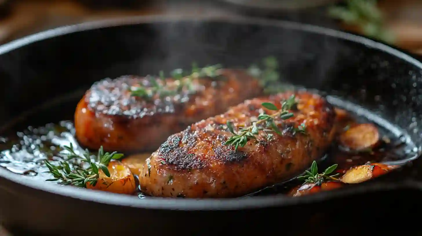A sizzling chicken sausage in a cast-iron skillet with fresh herbs, steam rising, and a rustic kitchen background.