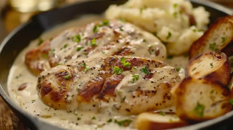 Creamy pan-seared chicken breasts in a rustic skillet with parmesan sauce, mashed potatoes, and bread in a cozy farmhouse kitchen.