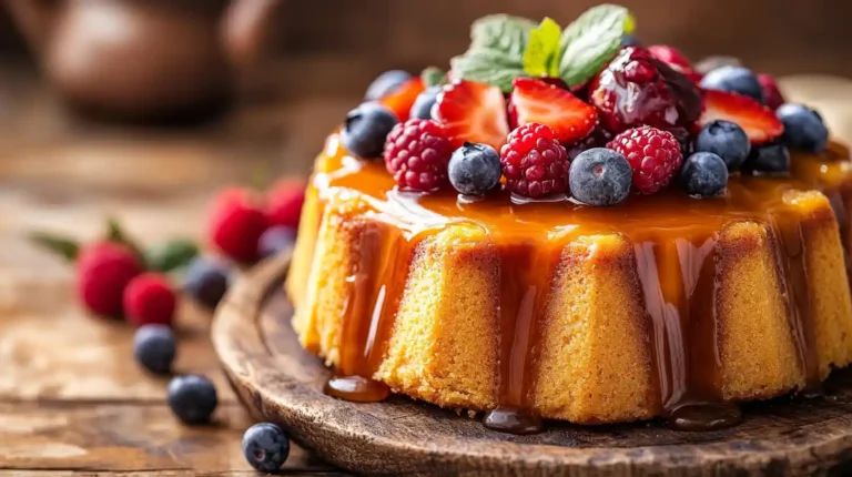 “Indulge in the sweet, caramel-drizzled decadence of this homemade rum cake, crowned with fresh berries.”