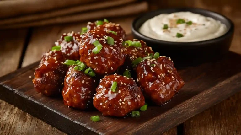 A plated serving of Korean BBQ Meatballs with a glossy glaze, garnished with green onions and sesame seeds, alongside a spicy mayo dip.