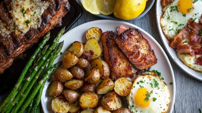 Crispy garlic Parmesan roasted potatoes with a golden-brown crust, garnished with fresh rosemary and thyme on a rustic baking sheet.