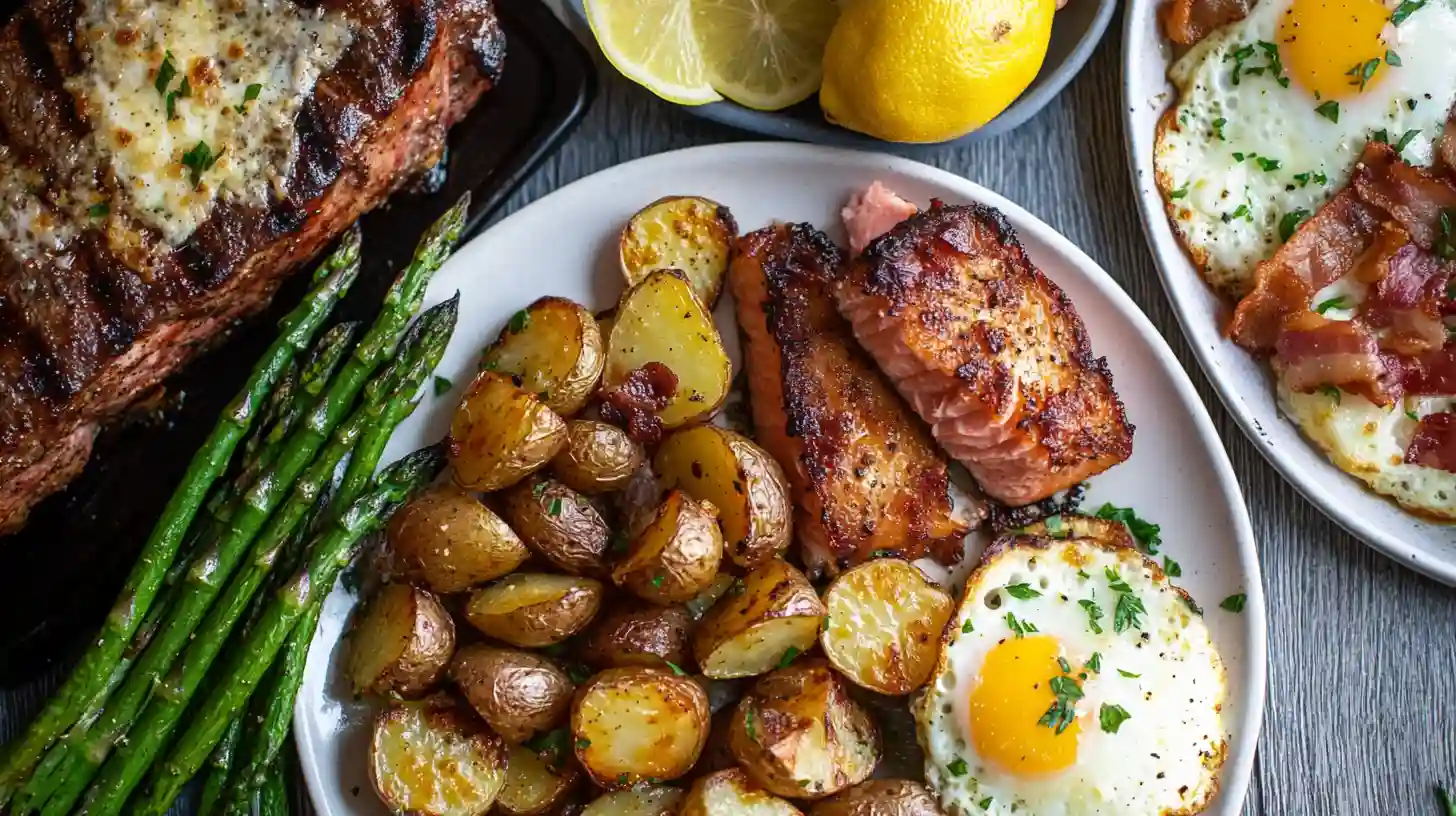Crispy garlic Parmesan roasted potatoes with a golden-brown crust, garnished with fresh rosemary and thyme on a rustic baking sheet.