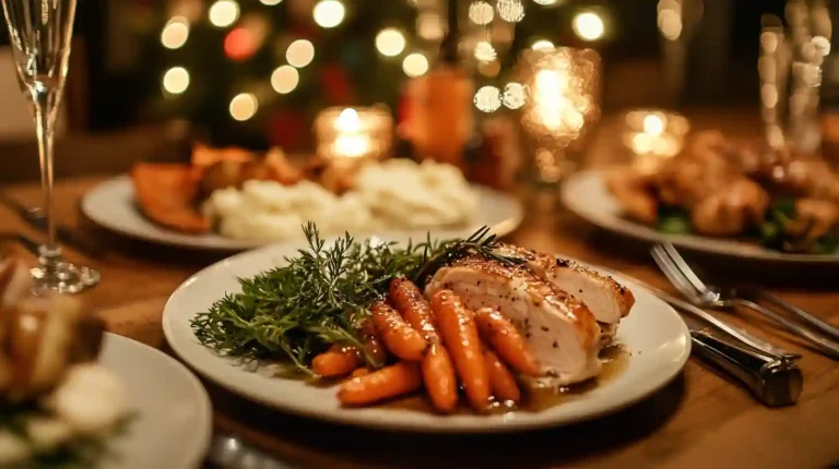 A festive dinner table featuring a bowl of honey-glazed carrots as a side dish, surrounded by traditional holiday foods like turkey and stuffing.