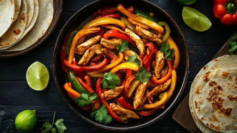 One-Pan Chicken Fajitas with roasted peppers and onions served on a sheet pan with lime wedges and warm tortillas