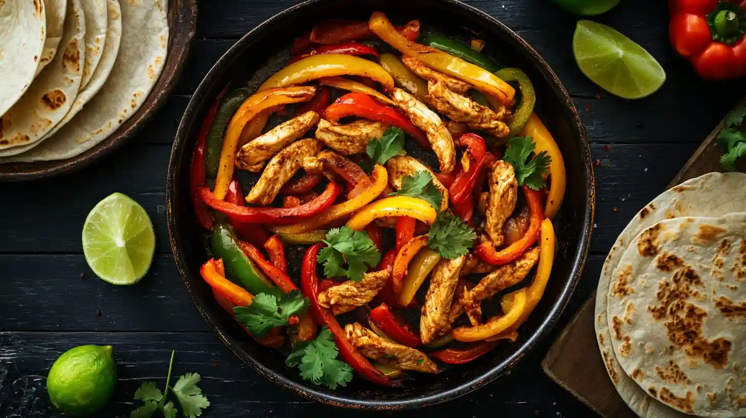 One-Pan Chicken Fajitas with roasted peppers and onions served on a sheet pan with lime wedges and warm tortillas