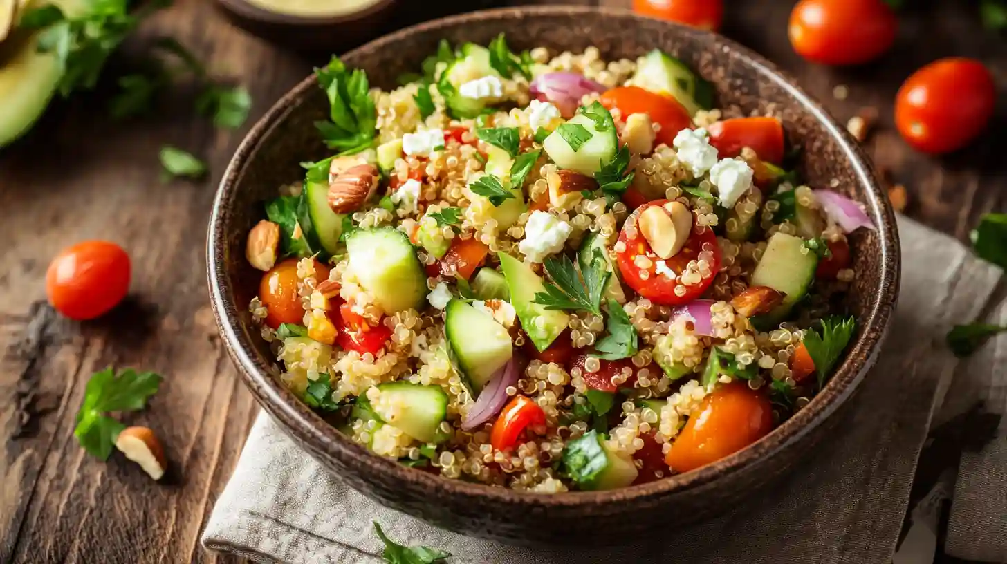 Close-up of a vibrant quinoa salad with fresh vegetables, feta cheese, and a drizzle of lemon dressing on a rustic wooden table