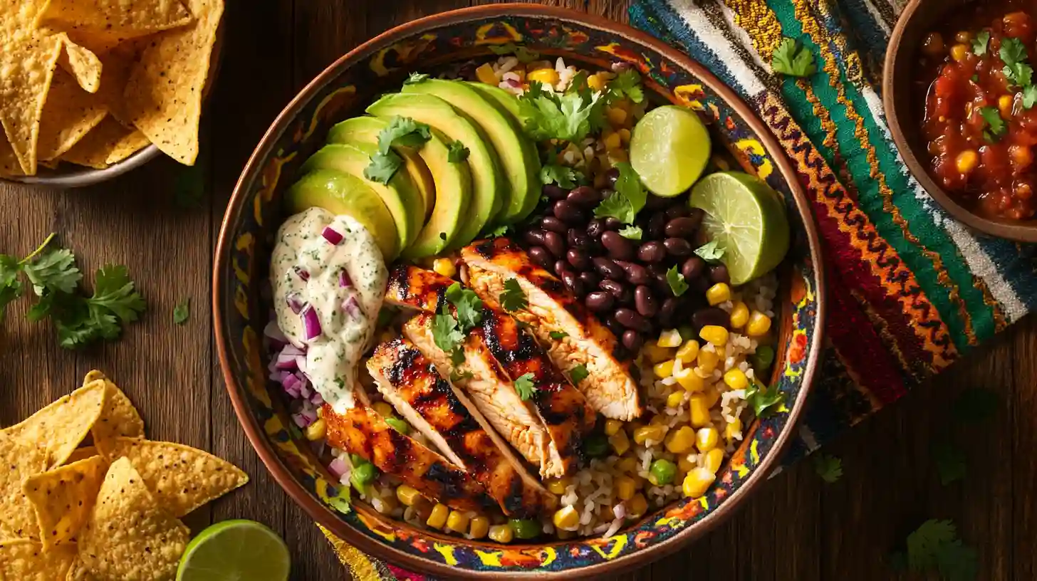 A vibrant and appetizing street corn chicken rice bowl featuring grilled chicken slices, creamy Mexican-style corn, fluffy cilantro-lime rice, avocado slices, and black beans. Garnished with fresh cilantro and lime wedges, served in a rustic ceramic bowl on a wooden table.