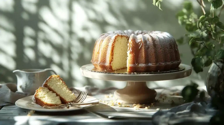 Mile high pound cake with golden brown crust and thick white glaze, one slice cut to reveal a moist, buttery interior, displayed on a white plate.