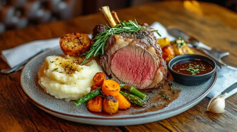 A beautifully plated ribeye roast dinner served on a rustic wooden table. The roast is sliced into thick pieces, showing a juicy, medium-rare center with a crispy, golden-brown crust. Side dishes include mashed potatoes, roasted vegetables, and a bowl of au jus. The background is softly blurred with warm lighting, creating an inviting, elegant dining atmosphere.