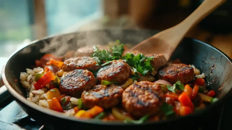 A sizzling sausage and rice skillet in a rustic cast-iron pan, featuring browned sausage slices, fluffy rice, diced bell peppers, and onions, garnished with fresh parsley. Steam rises from the dish, emphasizing its warmth and savory aroma.