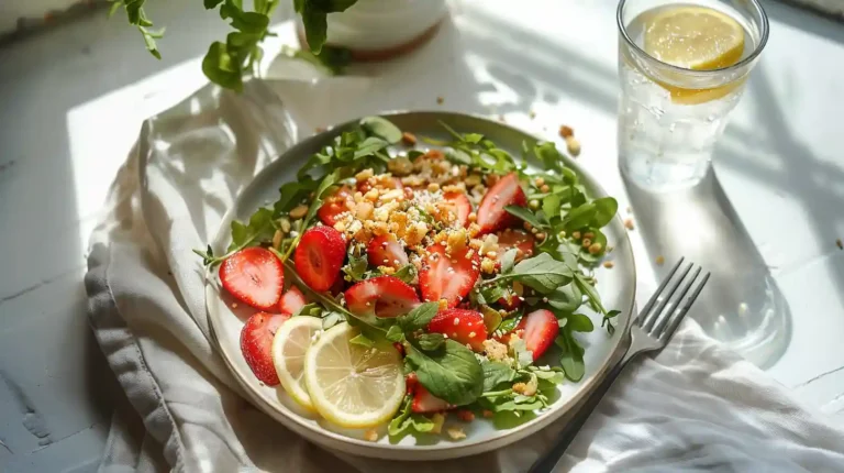Strawberry Crunch Salad served on a white plate with sparkling water and lemon slices beside a sunlit window on a white linen table.