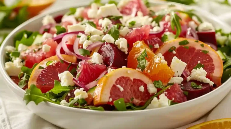 Close-up of beet feta salad with citrus slices, arugula, feta, and red onions in a white bowl.