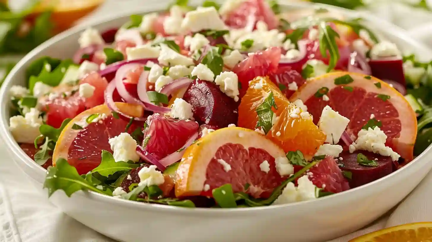 Close-up of beet feta salad with citrus slices, arugula, feta, and red onions in a white bowl.