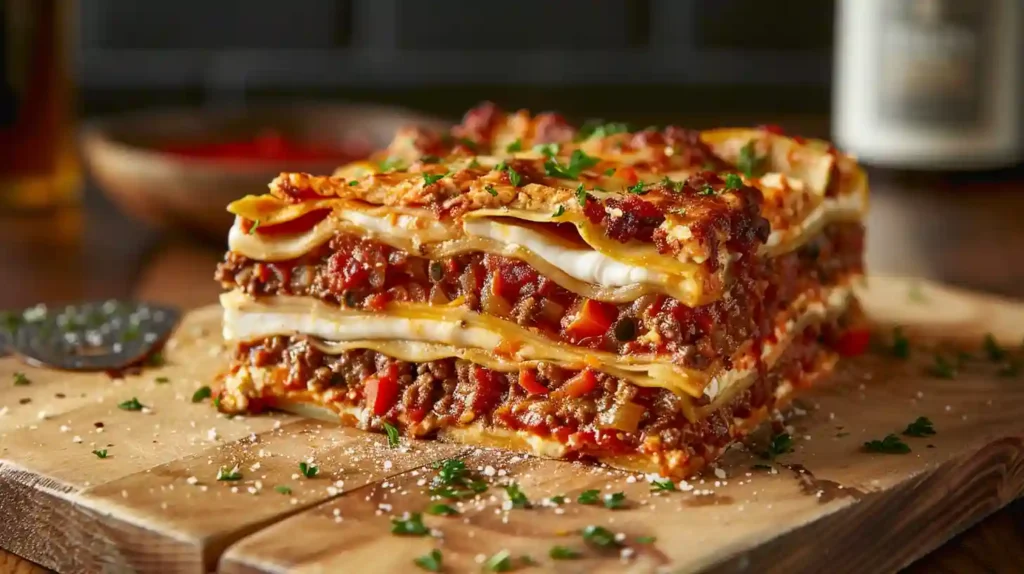 A perfectly served lasagna with a fork ready to take a bite, golden cheese on top, steam rising, and a cozy kitchen atmosphere in the background.