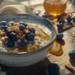 Warm bowl of blueberry oatmeal topped with fresh blueberries, honey drizzle, and nuts, served on a rustic wooden table.