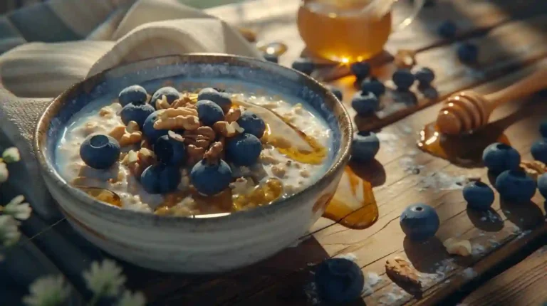 Warm bowl of blueberry oatmeal topped with fresh blueberries, honey drizzle, and nuts, served on a rustic wooden table.