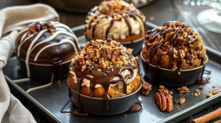 A sliced butter pecan cake on a cake stand, showcasing its layers, with a caramel drizzle and toasted pecans on top.