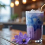 A glass of Butterfly Pea Milk Tea in a cozy café, showcasing its blue-to-purple gradient, with a bamboo straw and fresh butterfly pea flowers.