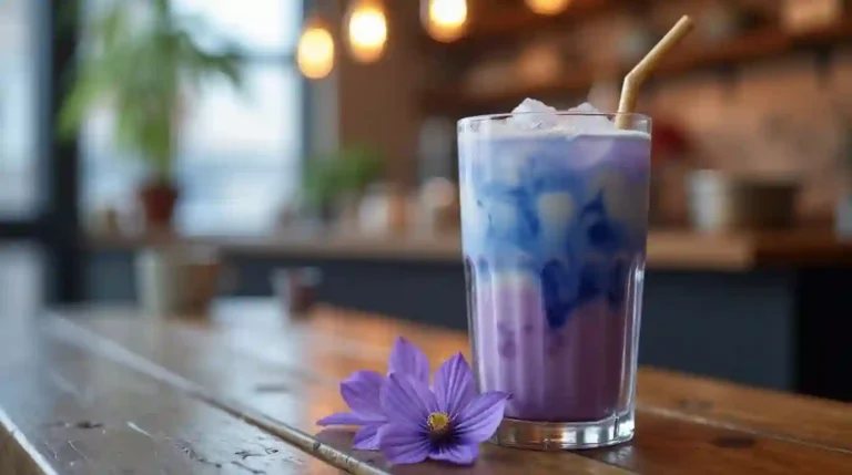 A glass of Butterfly Pea Milk Tea in a cozy café, showcasing its blue-to-purple gradient, with a bamboo straw and fresh butterfly pea flowers.