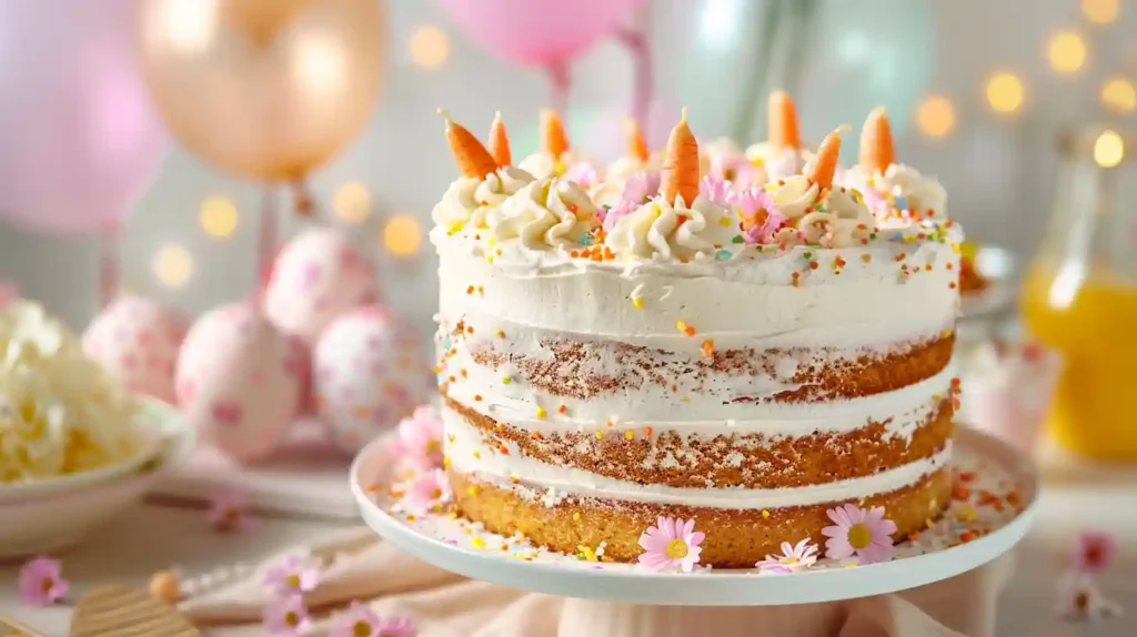 An elegant carrot cake adorned with creamy frosting, tiny fondant carrots, and pastel flowers, set against a backdrop of festive decorations like balloons and candles. Captured in bright, cheerful lighting, this scene embodies the joy and warmth of a special celebration.