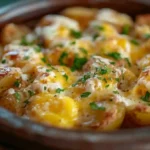 Cheesy Potato Egg Scramble with golden potatoes, fluffy scrambled eggs, and melted cheddar cheese served in a skillet.