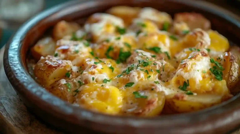 Cheesy Potato Egg Scramble with golden potatoes, fluffy scrambled eggs, and melted cheddar cheese served in a skillet.