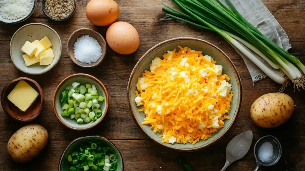 Fresh ingredients for Cheesy Potato Egg Scramble including diced potatoes, eggs, cheddar cheese, butter, green onions, salt, and pepper.