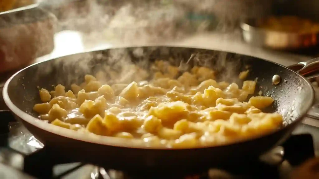 Step-by-step cooking process of Cheesy Potato Egg Scramble with diced potatoes, scrambled eggs, and melted cheese in a skillet.