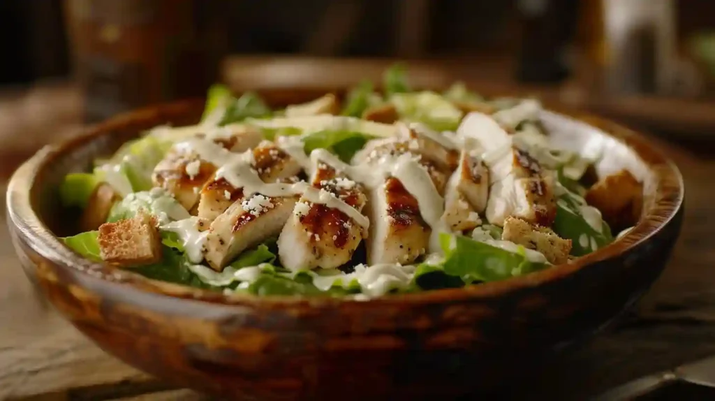 A beautifully plated Chicken Caesar Salad with vibrant greens, tender grilled chicken, creamy dressing, and crispy croutons, garnished with parmesan.