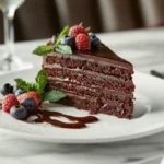 Moist and rich homemade chocolate cake sliced to reveal its soft interior with chocolate frosting and shavings on top.
