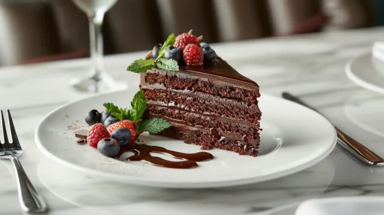 Moist and rich homemade chocolate cake sliced to reveal its soft interior with chocolate frosting and shavings on top.