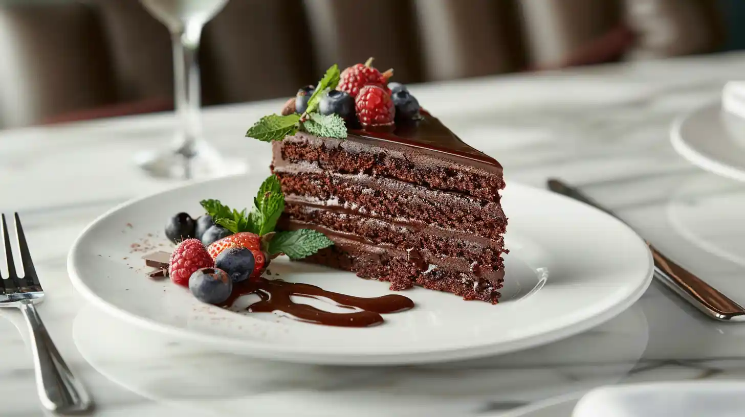 Moist and rich homemade chocolate cake sliced to reveal its soft interior with chocolate frosting and shavings on top.
