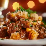 Close-up of Cowboy Casserole with beef, corn, and tater tots on a white plate, garnished with parsley and a fork on the side.
