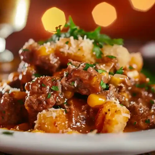Close-up of Cowboy Casserole with beef, corn, and tater tots on a white plate, garnished with parsley and a fork on the side.