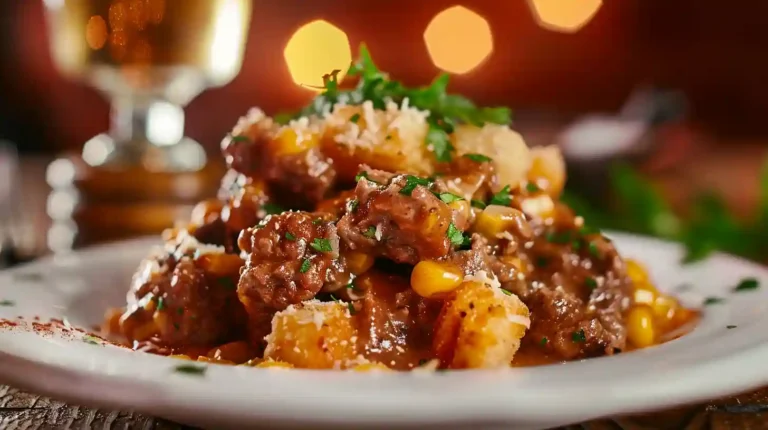 Close-up of Cowboy Casserole with beef, corn, and tater tots on a white plate, garnished with parsley and a fork on the side.