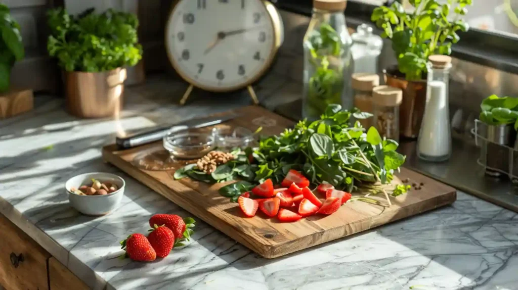 Prepped Strawberry Crunch Salad ingredients on a clean kitchen counter with a cutting board, sliced strawberries, nuts, greens, and dressing, clock showing 10 minutes.