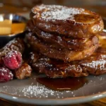 A delicious plate of French toast with sausage, topped with maple syrup, fresh berries, powdered sugar, and a pat of butter, served on a rustic wooden table.