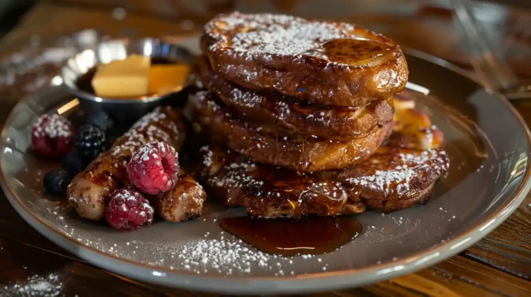 A delicious plate of French toast with sausage, topped with maple syrup, fresh berries, powdered sugar, and a pat of butter, served on a rustic wooden table.