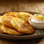 Authentic German potato pancakes served hot with sour cream and applesauce on a rustic wooden plate.