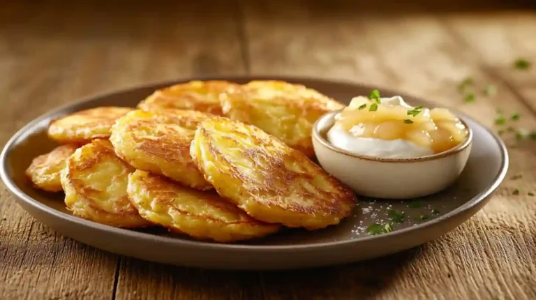 Authentic German potato pancakes served hot with sour cream and applesauce on a rustic wooden plate.
