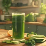 A vibrant glass of green juice recipe surrounded by fresh ingredients like kale, cucumber, green apple, celery, and lemon on a clean kitchen counter.