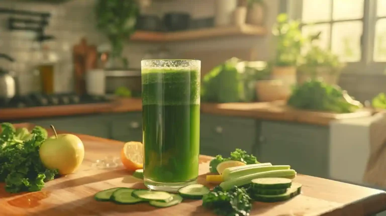 A vibrant glass of green juice recipe surrounded by fresh ingredients like kale, cucumber, green apple, celery, and lemon on a clean kitchen counter.
