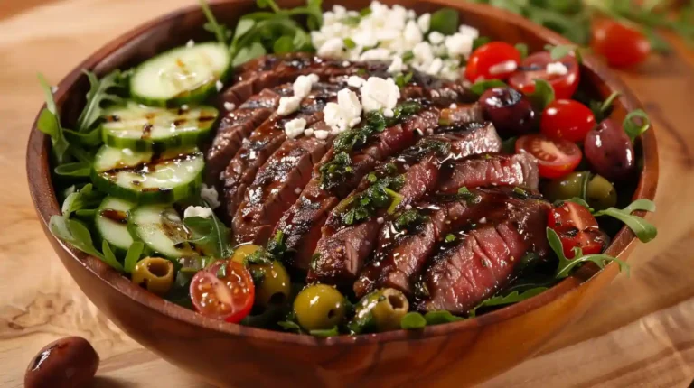 Mediterranean steak bowl with tender steak, fresh veggies, Kalamata olives, feta cheese, and extra virgin olive oil.