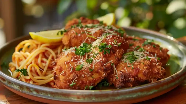 Crispy golden Parmesan Chicken served with spaghetti marinara, garnished with parsley and lemon wedges on a rustic plate.