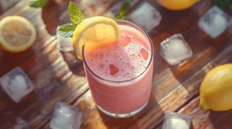 A glass of whipped pink lemonade topped with ice cubes, a lemon slice, and fresh mint leaves, set on a wooden table.
