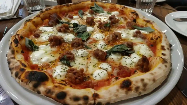 Freshly baked pizza with melted cheese, golden crust, and classic toppings on a wooden board in a cozy kitchen setting.