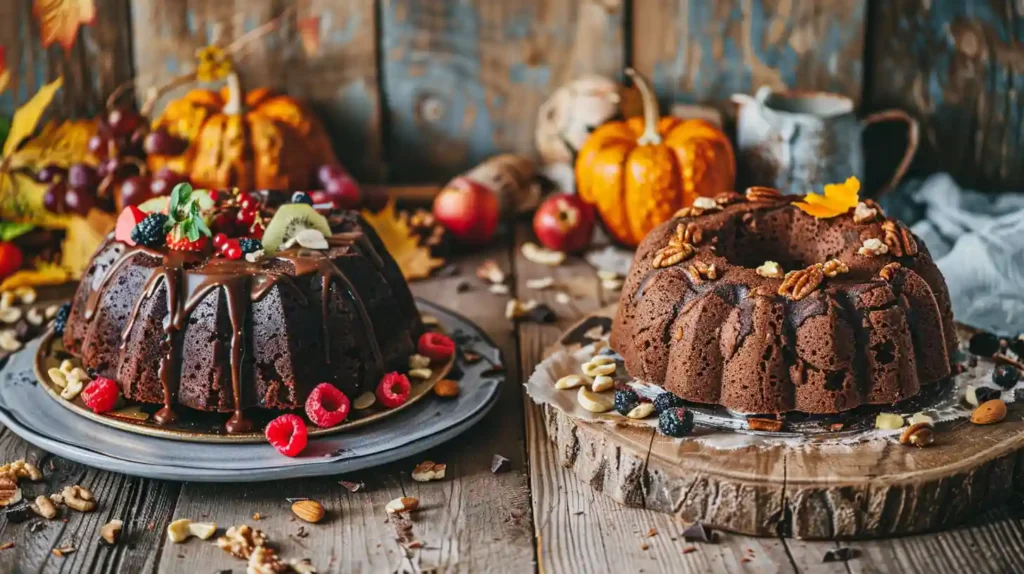 Vegan chocolate avocado Bundt cake and spiced pumpkin Bundt cake with rich textures, topped with nuts and fruits, on a rustic wooden table.