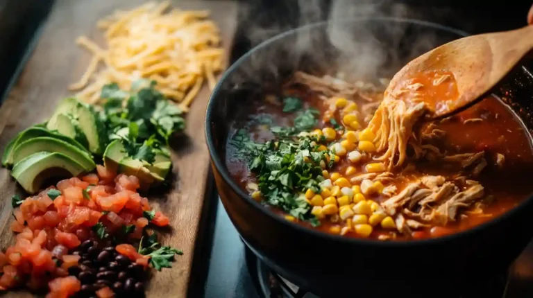A steaming bowl of Chicken Taco Soup with a rich, spiced broth, tender shredded chicken, black beans, corn, and fresh toppings like avocado, cheese, and crispy tortilla strips. Warm kitchen lighting enhances the cozy atmosphere.