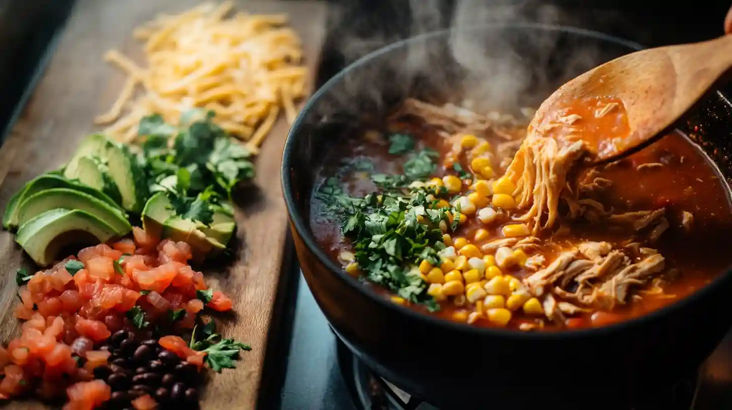 A steaming bowl of Chicken Taco Soup with a rich, spiced broth, tender shredded chicken, black beans, corn, and fresh toppings like avocado, cheese, and crispy tortilla strips. Warm kitchen lighting enhances the cozy atmosphere.